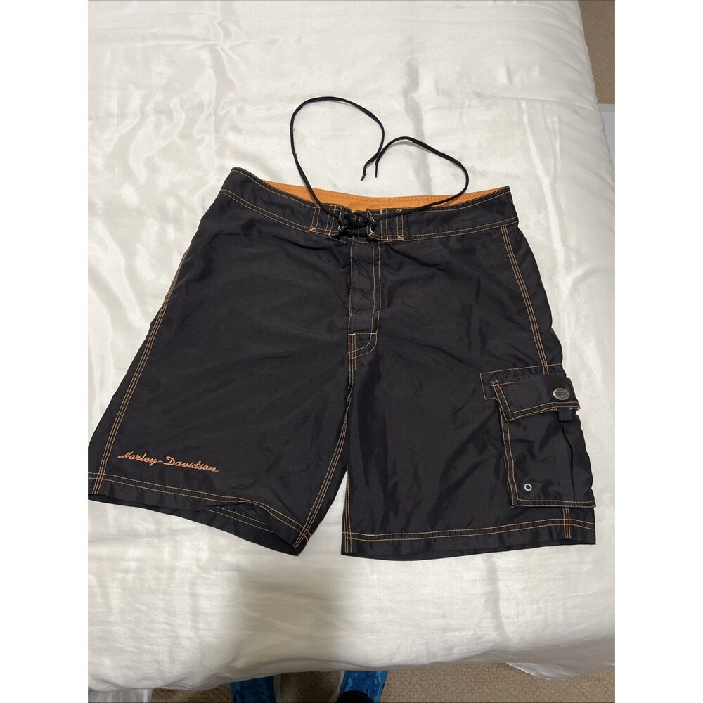 Harley Davidson Motorcycle Mens M Black Thick Stitch Metal Logo Board Shorts 32